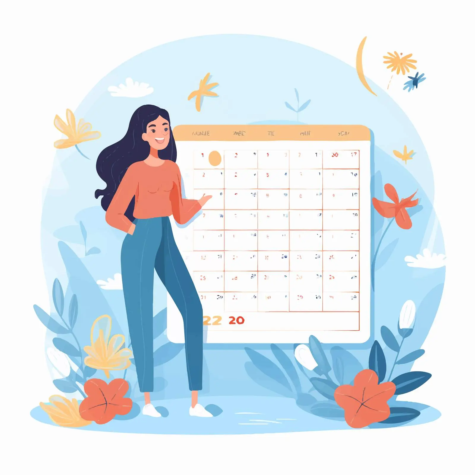 Young Women with Calendar Characters Vector Illustration — free download from Dotvec