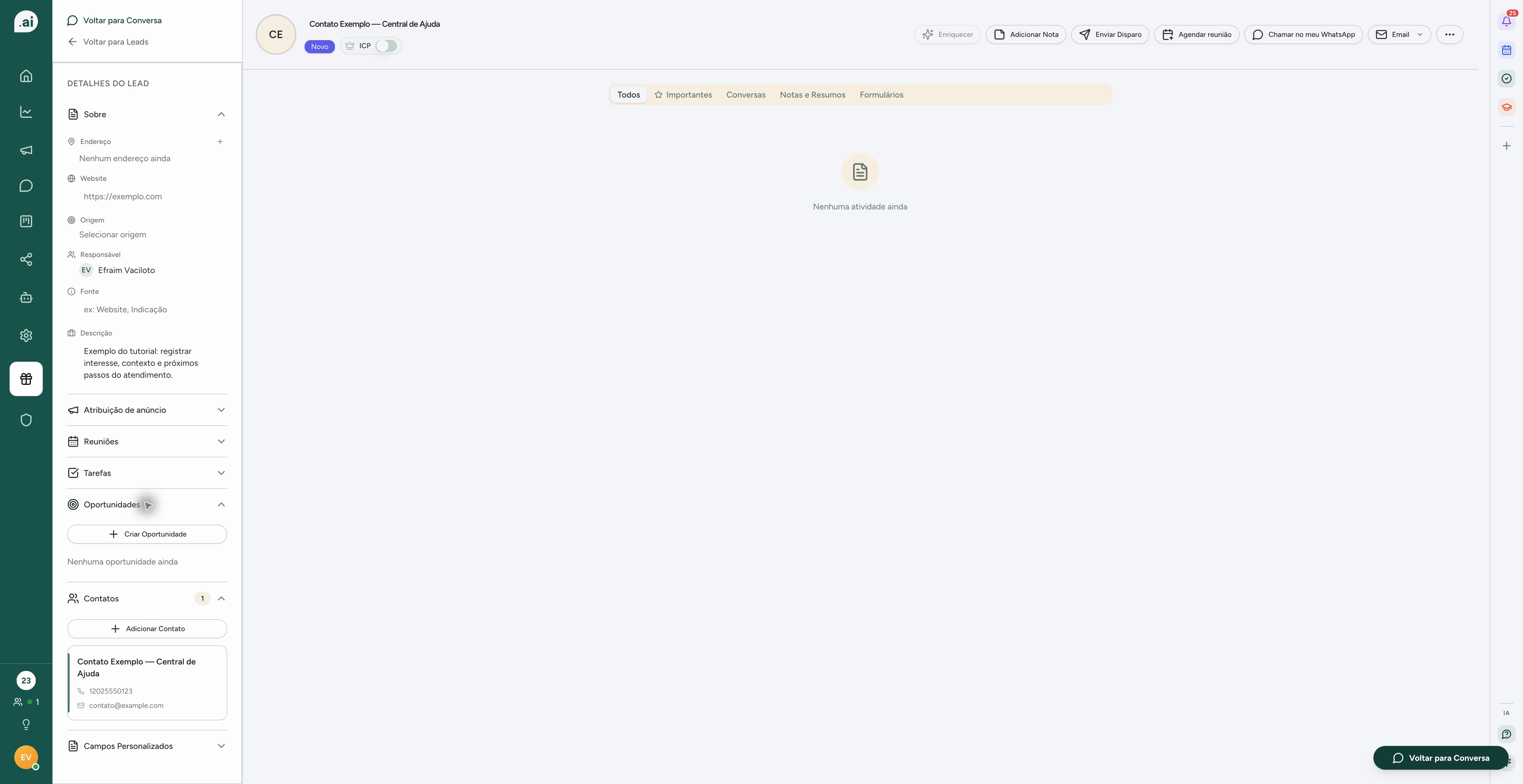 Tela do passo 1: Abra CRM > Oportunidades ou a área de oportunidades da ficha do lead.