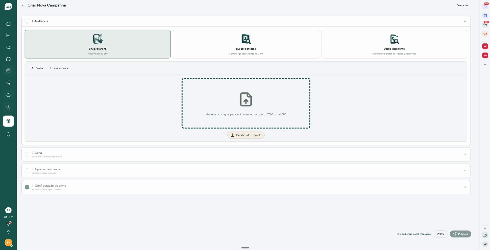 Nova campanha: escolha a origem da audiência antes de configurar canal e mensagem.