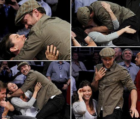 Justin Timberlake e Jessica Biel protagonizam cena de amor em jogo de basquete
