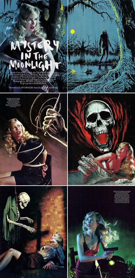 Claudia Schiffer posa para editorial de moda inspirado nos gibis da década de 1930.