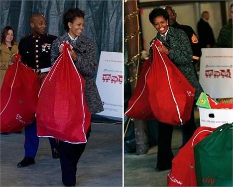 Michele Obama deu uma de Mamãe Noel nessa quarta-feira, em Stafford, na Virginia.