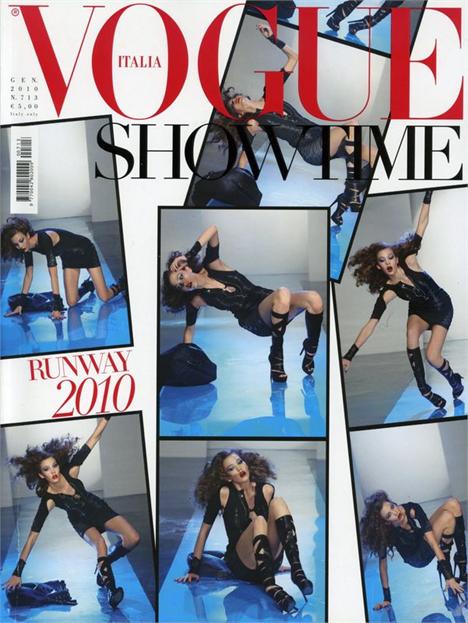 Vogue Itália aposta em colagens de tombos em plena passarela para estampar a capa da primeira edição de 2010.