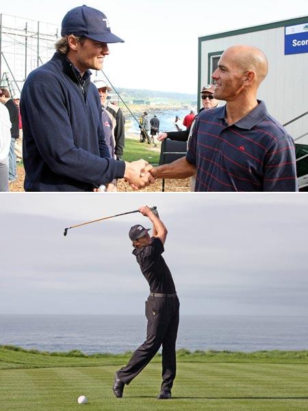 Tom Brady e Kelly Slater, ex de Gisele Bündchen, se encontram em torneio de golfe.
