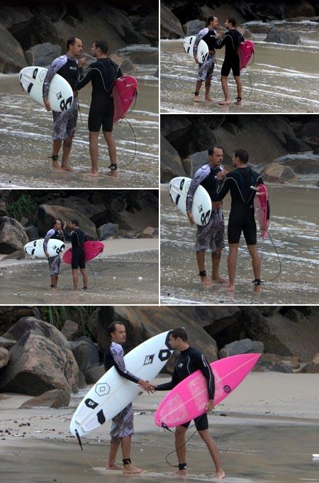 Paulinho Vilhena e Cauã Reymond discutem em praia do Rio.