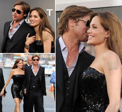 Angelina Jolie e Brad Pitt arrumaram um tempinho na agenda sempre cheia deles para irem juntos à première do filme Salt.