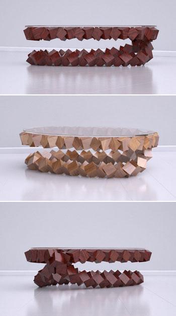 O designer norte-americano cria mesa com a junção de cubos de madeira e faz sucesso nas feiras de design da Europa e Estados Unidos.