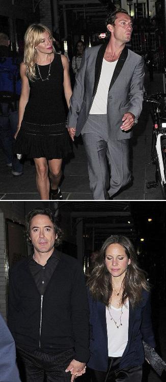 Os colegas de set do filme Sherlock Holmes, Jude Law e Robert Downey Jr, se encontraram nessa semana para um jantar romântico.