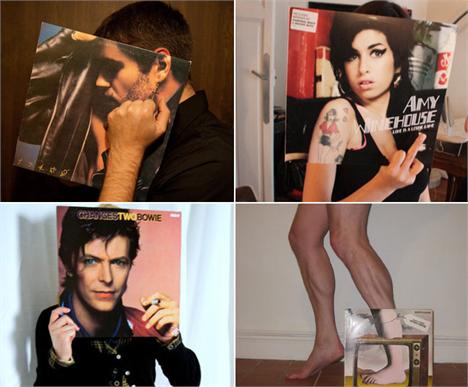 Projeto reúne imagens de pessoas que brincam de substituir uma parte do corpo por capas de discos de vinil.