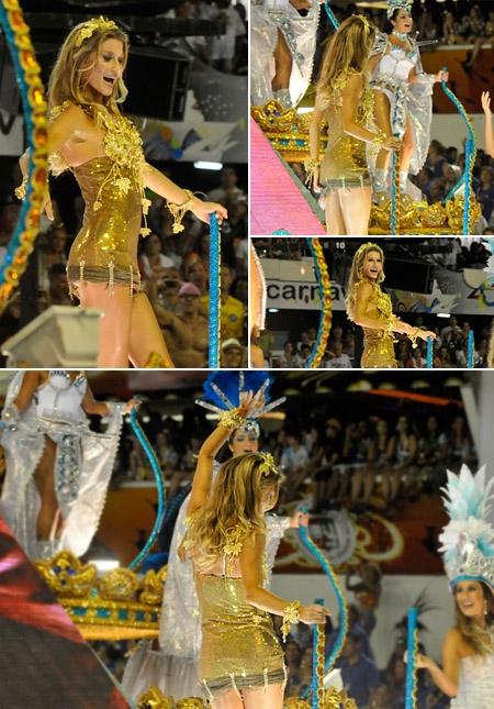 Gisele Bündchen tem que puxar a barra do vestido para não mostrar mais que deveria na Sapucaí