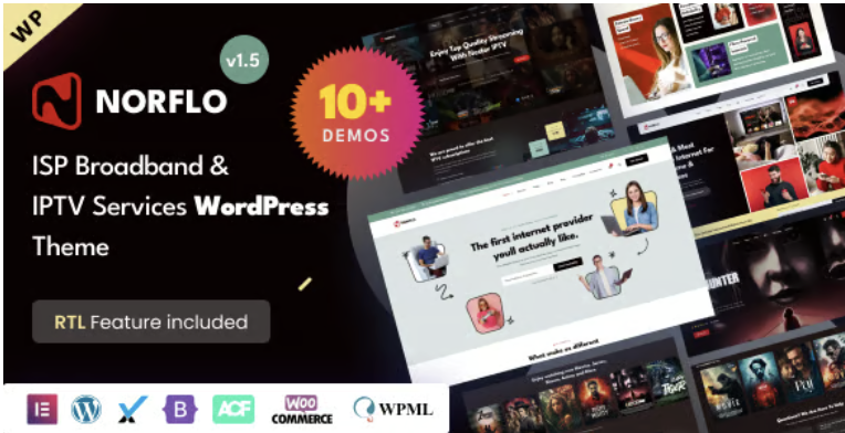 Norflo - Dish TV, ISP, eSIM, IPTV & OTT Platform Elementor WordPress Theme
