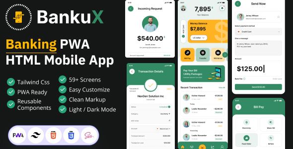 Bankux – Wallet Banking PWA HTML Mobile App Template