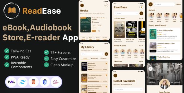 ReadEase – Ebook Store Reader App UI Kit (Tailwind CSS + PWA)