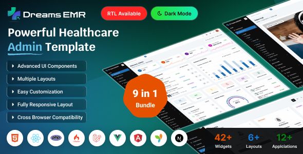 Dreams EMR – React/ Angular/ Vue/ Laravel/ CodeIgniter/ PHP HTML Medical Healthcare Dashboard