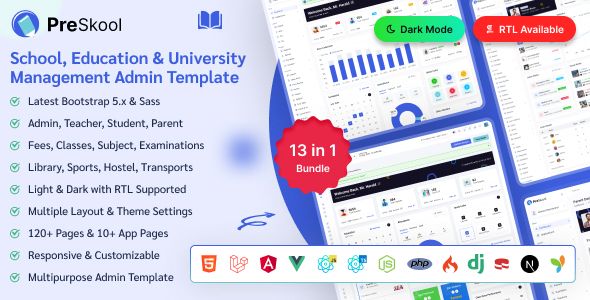 PreSkool – School Management Education Admin Dashboard Template (Nextjs/ Laravel/ React/ Vue)