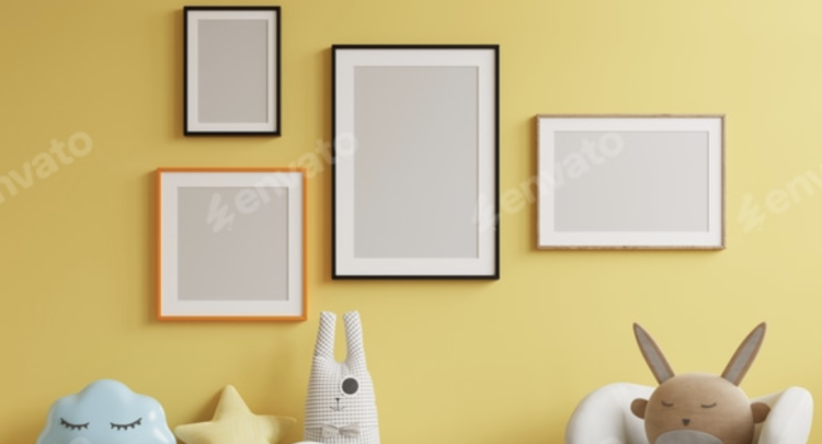 Nursery digital mockup in living room with a yellow wall