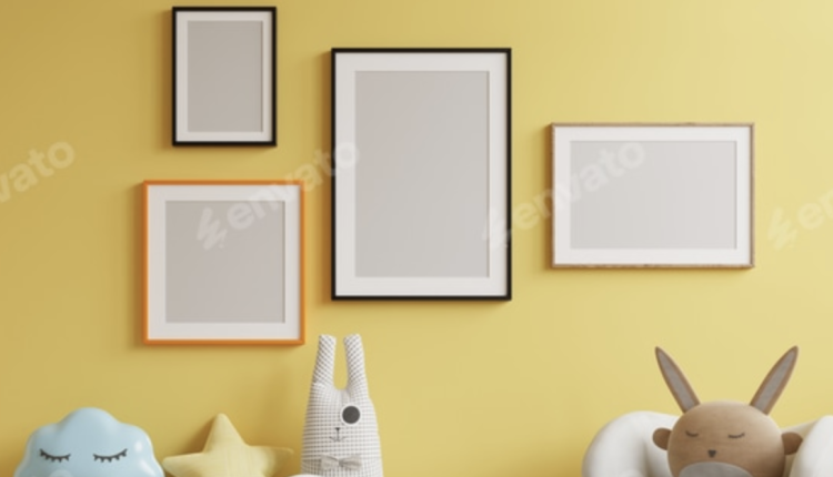 Nursery digital mockup in living room with a yellow wall