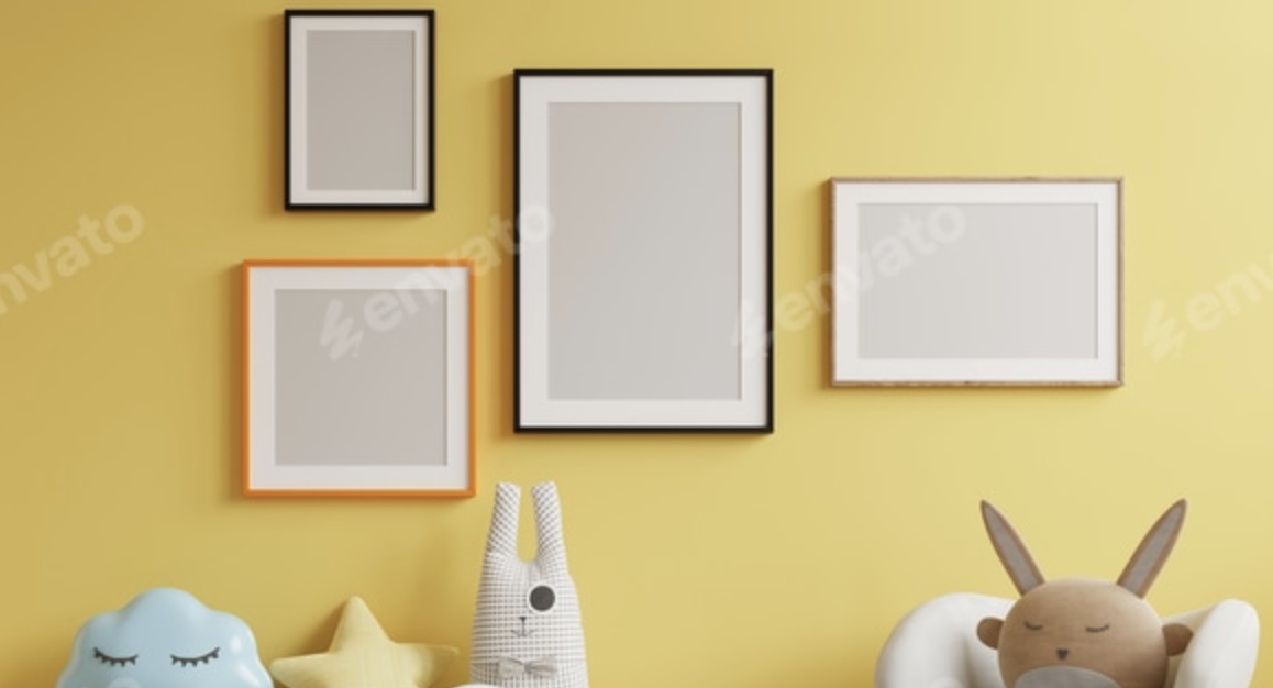 Nursery digital mockup in living room with a yellow wall 2 Nursery digital mockup in living room with a yellow wall