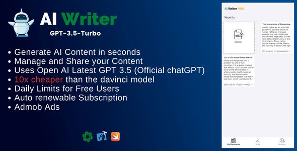 AI Writer for IOS – AI Content Writer based on ChatGPT GPT 3.5 and OpenAI | IOS Swift Full Applicati