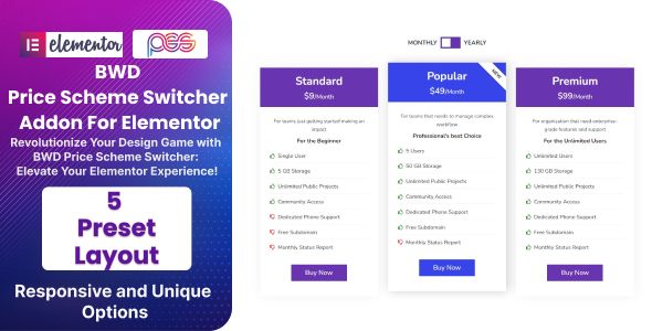 Pricing Table - Switcher Addon For Elementor