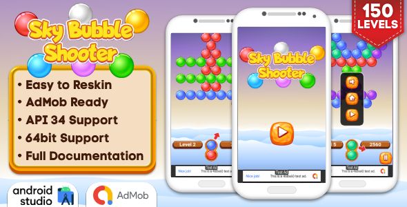 Sky Bubble Shooter Game Android Studio Project with AdMob Ads + Ready to Publish