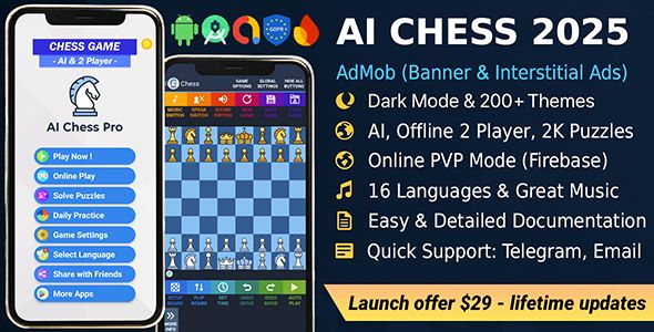 AI Chess 2025 – Online PvP +Chat｜Offline PvP +AI｜2K+ Puzzles｜Custom Game｜Music｜Themes｜16 Langs｜AdMob