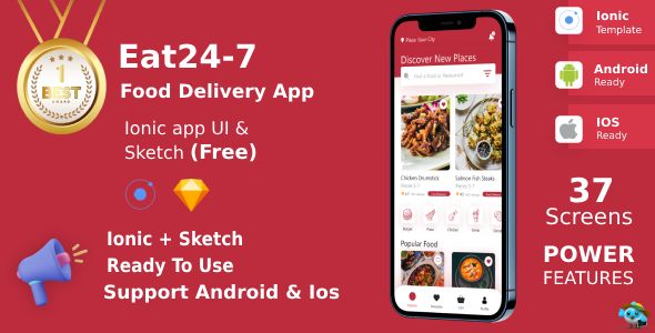 Eat 24/7 ANDROID + IOS - UI Kit - Ionic - Food Delivery App - Free Sketch File Activated