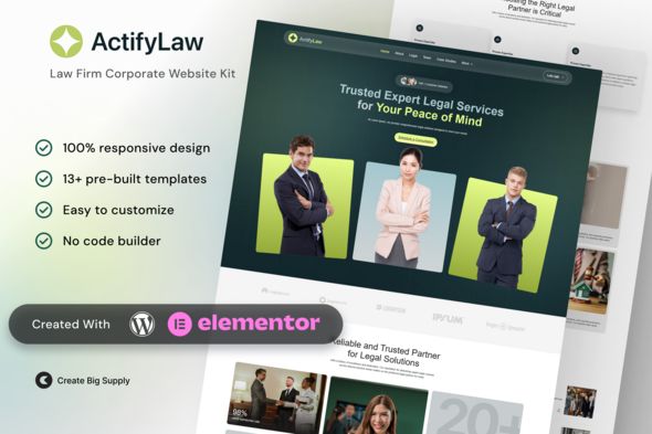ActifyLaw Law Firm Corporate Elementor Template Kit for Legal Services, Attorneys, Business Law