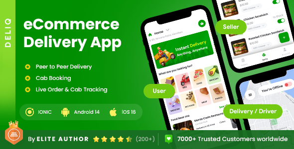 6 App Template| eCommerce Food Grocery Delivery App| Cab Booking| Peer to Peer Delivery App| DeliQ