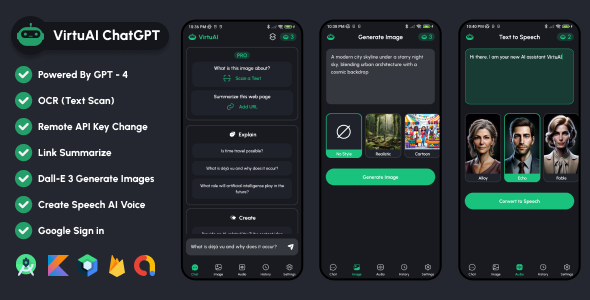VirtuAI Mobile Kotlin Android App With ChatGPT GPT-5, Dall-E-3 AI Art Image, AI Voice Text to Speech