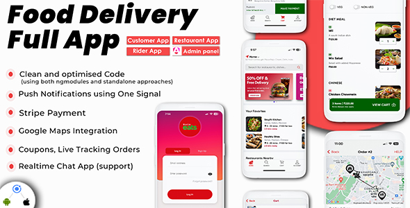 Ionic 8+ Food Delivery (Android + iOS) Apps, Angular 19+ Admin Panel with Firebase