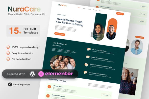 NuraCare Mental Health Clinic Elementor Template Kit for Psychologists, Therapists, Wellness Centers