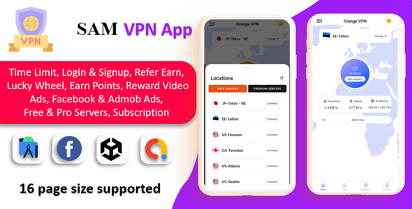 SAM VPN App - Secure VPN and Fast Servers VPN | Reward Video Ads | Subscription | Admob & FB Ads