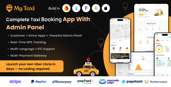MyTaxi – Complete Flutter Taxi App | Full Taxi Booking Solution with Intercity & Parcel