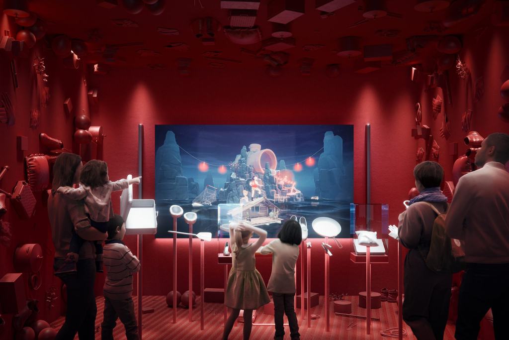 red-tinted-interactive-museum-display-with-visitors