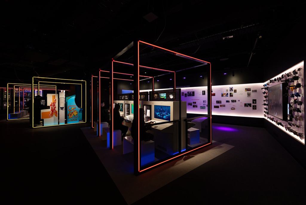 modern-museum-exhibition-neon-lit-display-cases
