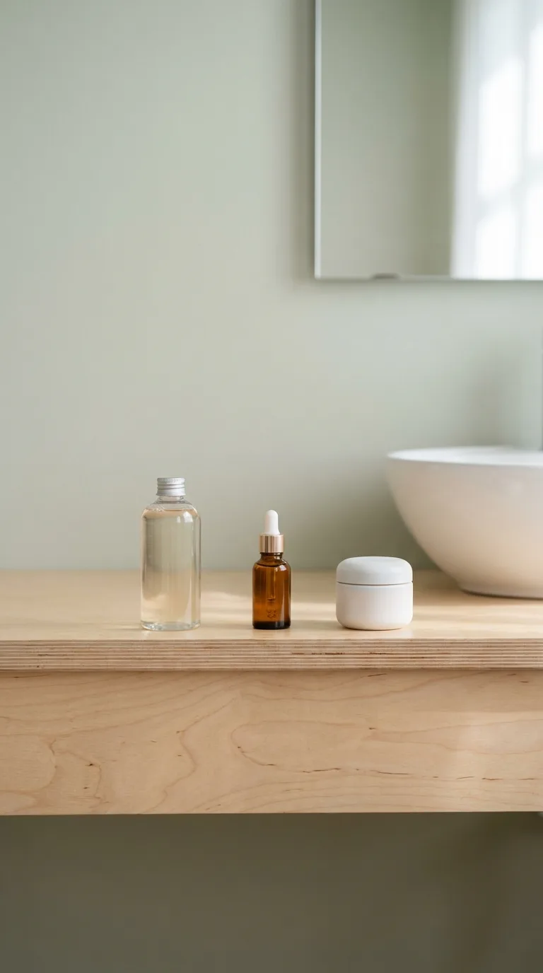 A serene, uncluttered bathroom vanity with only three products visible  a toner, a serum, and a moisturizer  suggesting intentional minimalism, A calm, minimal bathroom vanity shelf holding exactly three skincare products  a clear toner bottle, a small serum vial, and a simple moisturizer jar  spaced deliberately apart on pale birch wood Shot at eye level, 85mm portrait lens, shallow depth of field, Sony A7R IV Soft natural morning light from an unseen window to the right Color palette warm birch, soft white, pale sage Mood deliberate restraint, quiet intelligence, the peace of knowing exactly enough Hyper-realistic editorial photography, 8k, sharp focus, professional color grading, NO text, NO illustration, NO cartoon, NO 3d render