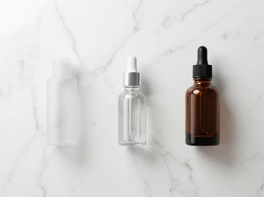 A quiet bathroom vanity flat lay showing three different tier skincare products  a budget toner, a mid-range serum, and a premium essence  arranged in a deliberate line on a clean marble surface, A top-down flat lay photograph of three skincare products arranged in a deliberate ascending line on a cool white marble bathroom counter surface  a simple frosted plastic toner bottle on the left, a minimalist glass dropper serum in the center, and an elegant amber glass premium essence on the right, separated by equal spacing, soft overhead diffused studio lighting at 5000K, no shadows visible, clean negative space between products, the contrast of budget versus premium packaging as the visual narrative, pale neutral marble with subtle grey veining, hyper-realistic editorial photography, 8k, sharp focus, professional color grading, NO text, NO illustration, NO cartoon, NO 3d render