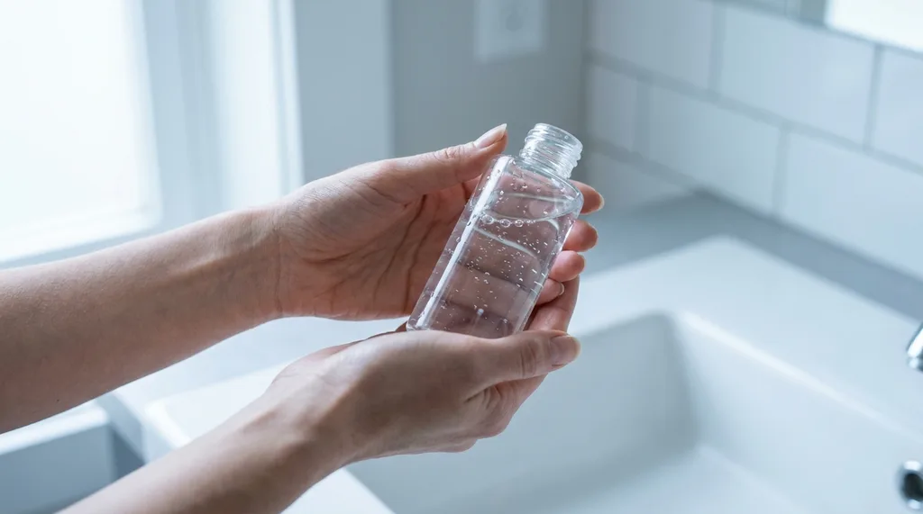 A pair of hands gently holding a small, simple glass toner bottle above a clean white sink  quiet, deliberate, unhurried, A close-up shot of two elegant adult hands cradling a small minimalist glass bottle of toner above a clean white ceramic sink, the bottle catching soft diffused window light from the left, water droplets visible on the bottles exterior, the gesture unhurried and deliberate suggesting ritual rather than routine Shot on Sony A7 III, 50mm f14 lens, soft natural side lighting with cool 5200K tones, background out of focus revealing a clean bathroom environment in white and pale gray tones, mood calm and intentional, hyper-realistic editorial photography, 8k, sharp focus, professional color grading, NO text, NO illustration, NO cartoon, NO 3d render