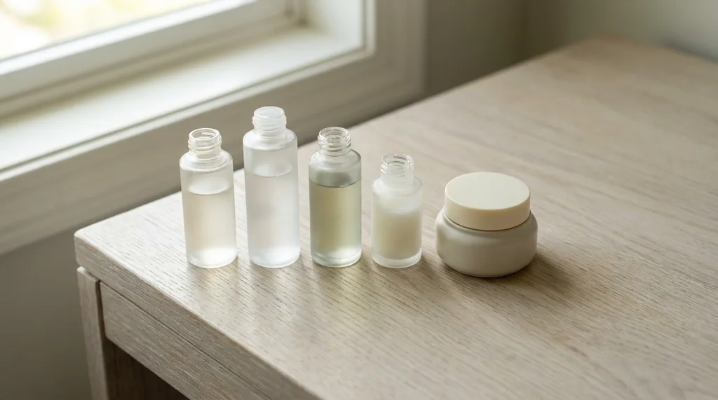 A minimalist Korean skincare vanity scene with multiple small glass bottles and a lightweight cream jar arranged in a deliberate layering order on a pale oak surface, A minimalist Korean skincare vanity with four to five small glass essence bottles and a single pale cream jar arranged in a deliberate left-to-right sequence on a pale bleached oak surface, shot on Canon R5 with 50mm f18 lens, soft morning window light from above and left, warm ivory and muted sage color palette, focus on the spatial arrangement and the subtle texture differences between liquid and cream products, mood is serene and methodical, hyper-realistic editorial photography, 8k, sharp focus, professional color grading, NO text, NO illustration, NO cartoon, NO 3d render