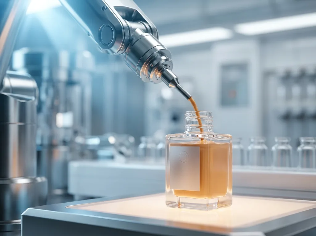 A close-up of a robotic dispensing arm precision-filling a small glass foundation bottle in a high-tech laboratory setting, warm amber liquid flowing with precision, A sleek high-technology cosmetics laboratory setting showing a precision robotic dispensing arm filling a miniature glass foundation vial with warm amber-toned liquid, photographed from a low angle emphasizing the machinery scale and clinical precision, dramatic directional lighting from the upper left  cool blue ambient light contrasted with warm amber of the liquid itself, sharp focus on the liquid stream and the glass vial, background softly blurred to suggest rows of similar vials awaiting filling, mood is technological wonder and precision craft, shot on Sony A7R IV, 100mm f28 macro lens, hyper-realistic editorial photography, 8k, sharp focus, professional color grading, NO text, NO illustration, NO cartoon, NO 3d render