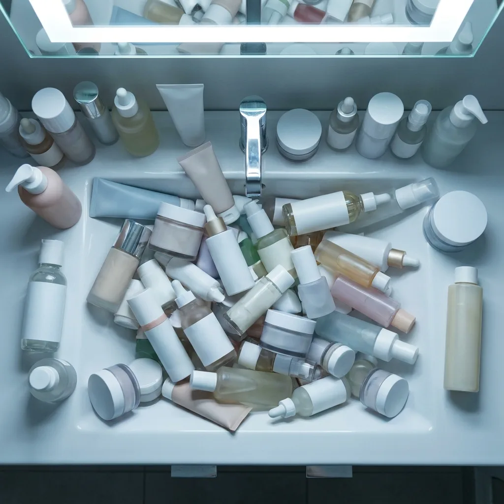 A flat lay of a dramatically overcrowded skincare shelf with too many products stacked, slightly chaotic, lit with a cool clinical overhead light  contrasting with the simplicity of the previous image, A flat lay overhead shot of an overcrowded bathroom shelf packed with skincare bottles and tubes in various shapes and sizes, too many products stacked and leaning, some fallen, cool clinical overhead light at 5600K casting clean shadows, mood of sensory overwhelm and quiet anxiety, slight visual chaos while remaining beautiful, color palette of clinical white surfaces with varied pastel product packaging, shot on Nikon Z9 35mm f4 overhead perspective, every product label blurred or turned away, hyper-realistic editorial photography, 8k, sharp focus, professional color grading, NO text, NO illustration, NO cartoon, NO 3d render