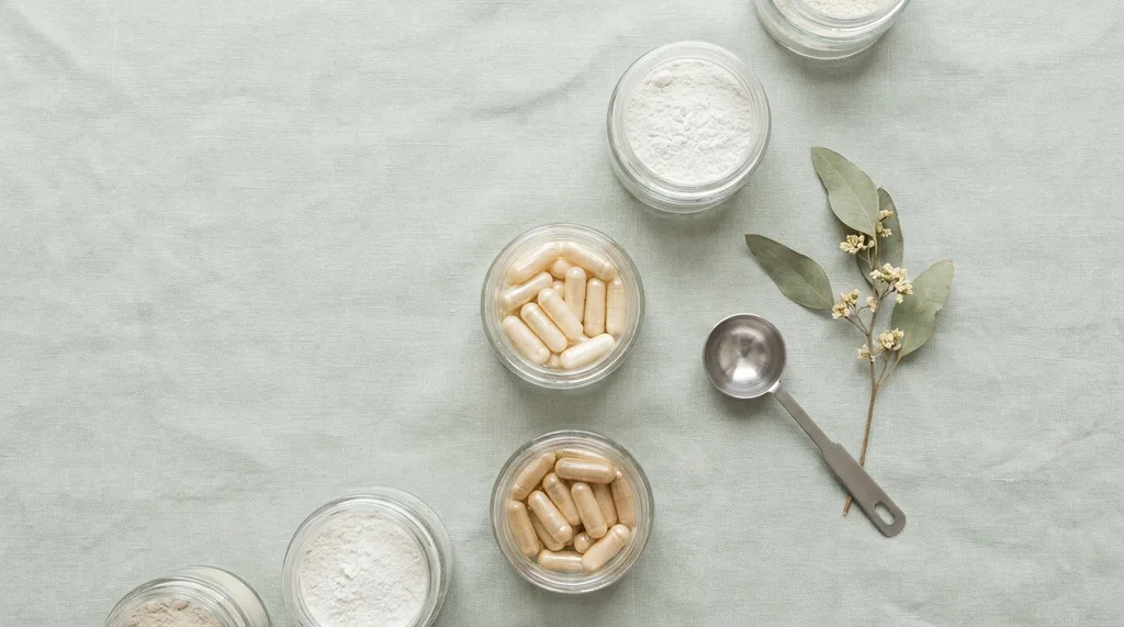 Overhead flat lay of supplement capsules and powders in glass containers arranged on a minimal pale surface, alongside small botanicals and a measuring scoop, Overhead flat lay photograph of translucent gel capsules and fine white powder in clean glass vessels arranged in geometric composition on pale sage linen fabric, a small botanical sprig and a minimal silver measuring scoop included, shot on Sony A7 III 50mm f18 lens overhead, soft diffused overcast daylight, no harsh shadows, color palette of muted sage green and warm ivory with subtle grey tones, clean minimalist composition with deliberate negative space, hyper-realistic editorial photography, 8k, sharp focus, professional color grading, NO text, NO illustration, NO cartoon, NO 3d render