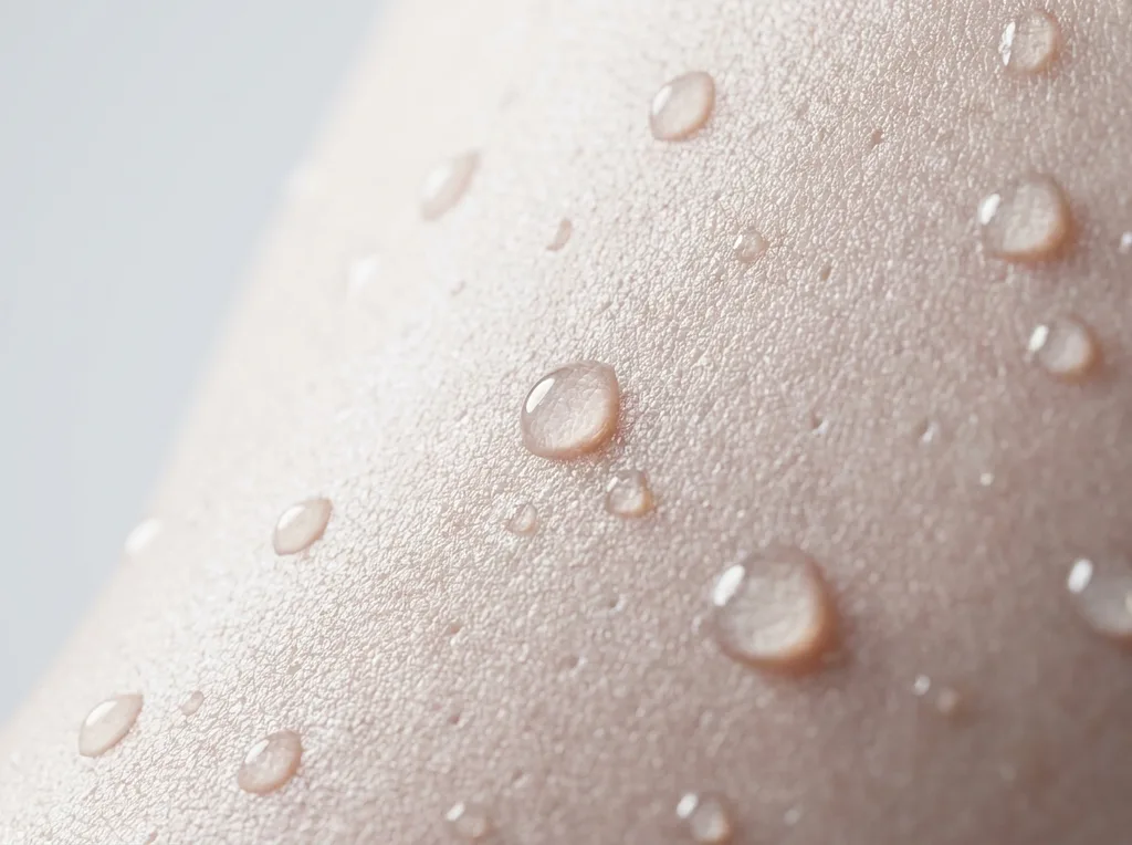 Extreme macro close-up of dewy human skin surface showing visible texture, pores, and water droplets catching light, no identifiable features, Extreme macro close-up of human skin surface showing refined grain texture, microscopic pores, and spherical water droplets refracting soft light, shot on Canon EF 100mm f28L macro lens with external ring flash diffused through translucent panel, skin appears luminous and glass-like with visible surface hydration, cool clinical 5500K lighting with warm undertone in the water refraction, color palette of pale ivory and soft rose gold with deep shadow detail, hyper-realistic editorial photography, 8k, sharp focus, professional color grading, NO text, NO illustration, NO cartoon, NO 3d render