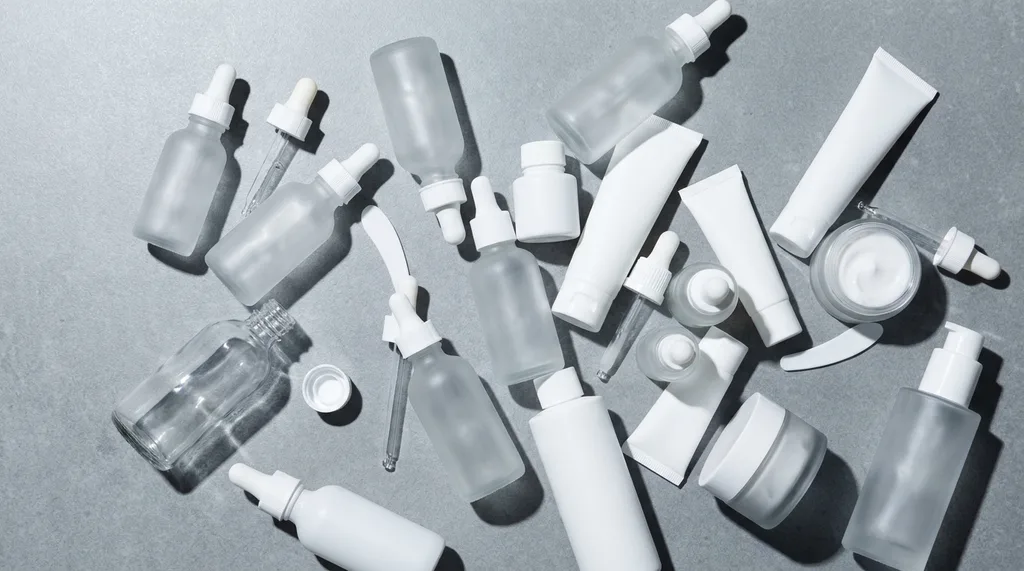An overhead flat-lay of a bathroom countertop overwhelmed with skincare bottles  too many, crowded, some tipped over  shot in harsh overhead light that makes the accumulation feel anxious rather than aspirational, An overhead flat-lay photograph of a white bathroom shelf overwhelmed with skincare products  serums, essences, toners, ampoules, roughly 12 to 15 bottles and tubes of varying sizes, some tilted, one lying on its side, caps loose The lighting is stark and slightly harsh, overhead, casting short clinical shadows The abundance reads as anxious, not aspirational  like evidence of a problem rather than a routine The countertop is cool gray stone, not marble The products are unlabeled, generic frosted glass and white packaging No text visible anywhere The mood is quietly alarming  the visual equivalent of too much, hyper-realistic editorial photography, 8k, sharp focus, professional color grading, NO text, NO illustration, NO cartoon, NO 3d render
