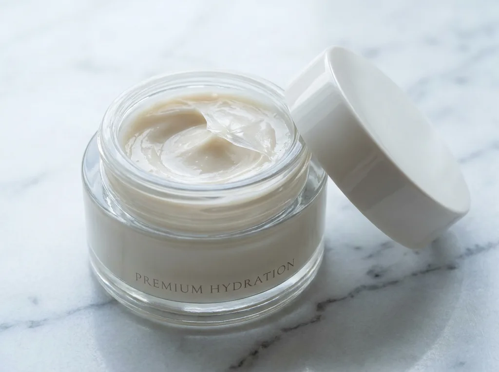 A single luxurious cream jar open on a marble surface, with a thin visible film on the surface suggesting surface-level occlusion rather than absorption, Extreme close-up macro of an open glass cream jar on white marble, cream surface slightly disturbed as if just touched, showing texture and film formation on the surface Shot on Sony A7R IV, 100mm f28 macro lens Diffused cool window light from upper left Focus on the creams surface texture  the way it sits and doesnt sink Color palette muted ivory, warm cream, cool marble grey Mood quiet revelation, still life with subtext, hyper-realistic editorial photography, 8k, sharp focus, professional color grading, NO text, NO illustration, NO cartoon, NO 3d render