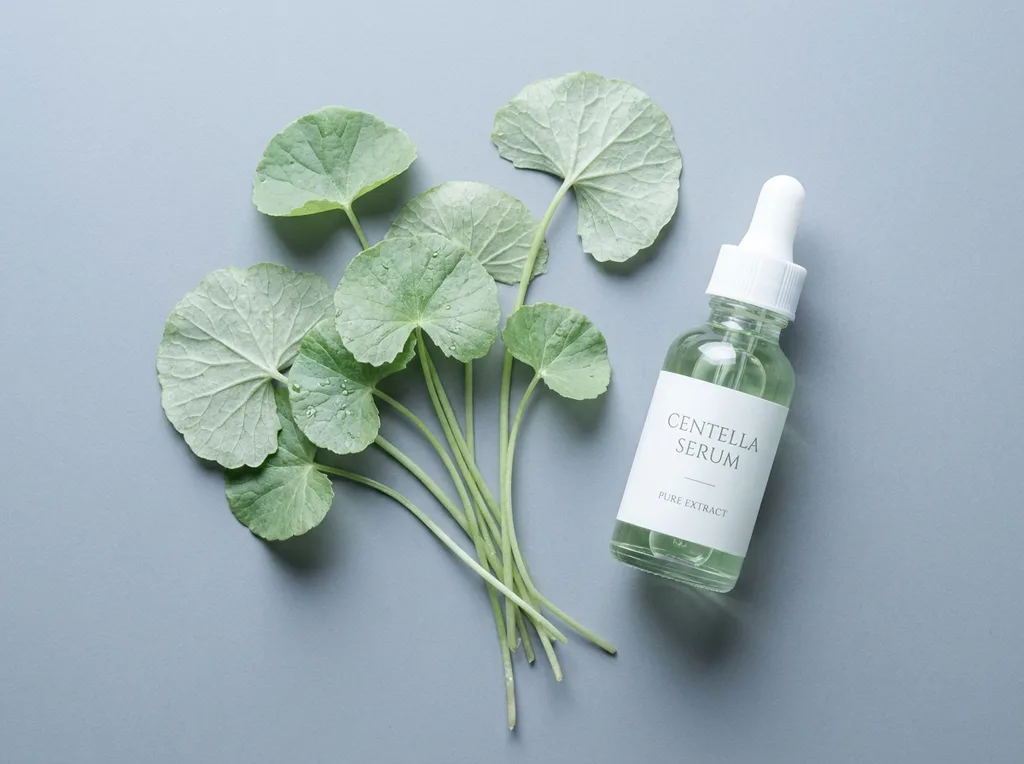 Raw Centella Asiatica leaves and stems on a clean light grey surface next to a clear glass dropper bottle, Raw fresh Centella Asiatica leaves and delicate stems arranged naturally on a clean cool grey slate surface next to a small clear glass dropper bottle containing pale green liquid, shot overhead from directly above, Sony A7R IV with 50mm macro lens, cool diffused studio light from above creating soft even shadows, sharp focus on the leaf texture and veining with the bottle in complementary focus, clean minimal scientific aesthetic, pale sage green and cool grey palette with clear glass highlights, mood is precise and honest, hyper-realistic editorial photography, 8k, sharp focus, professional color grading, NO text, NO illustration, NO cartoon, NO 3d render