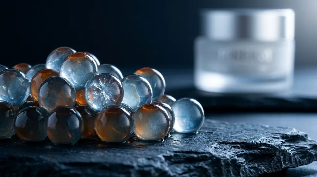 A close-up macro shot of raw salmon roe or a PDRN-adjacent ingredient  glistening, translucent spheres on a dark slate surface, Extreme macro close-up of translucent salmon roe pearls on a dark slate surface, shot on Sony A7R IV with 100mm f28 macro lens, dramatic side lighting creating highlights and deep shadow, cool blue-tinted light source from the right, individual pearls showing internal translucency and surface sheen, cool clinical mood with deep navy and silver tones, hyper-realistic editorial photography, 8k, sharp focus, professional color grading, NO text, NO illustration, NO cartoon, NO 3d render