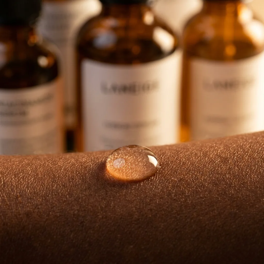 A macro beauty shot of a drop of niacinamide serum landing on deep brown skin, captured mid-contact with a soft bokeh background of skincare bottles, Ultra-macro editorial beauty photograph of a single translucent drop of serum making first contact with the surface of deep brown skin, the droplet preserving its spherical shape with surface tension visible, soft golden-hour side light from the right casting a warm glow across the skins surface texture Background out of focus, amber glass skincare bottles softly visible in bokeh Shot on Nikon Z9, 105mm f28 macro, warm diffused natural light, rich skin texture and the serums refractive quality as the dual focal points Deep brown, warm amber, and clear glass color palette Hyper-realistic editorial photography, 8k, sharp focus, professional color grading, NO text, NO illustration, NO cartoon, NO 3d render