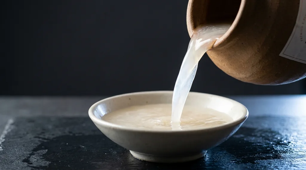 Makgeolli  Korean unfiltered rice wine  being poured from a traditional clay vessel into a small bowl, the milky white liquid catching light mid-pour, Milky white Korean makgeolli rice wine pouring in a slow arc from a rough-textured clay vessel into a shallow ceramic bowl on a dark slate surface Shot at 1400s to freeze the liquid motion on Sony A7R IV, 85mm f28, shallow depth of field with the bowl in focus and the vessel softly blurred behind Side lighting from the right creating a luminous translucent effect in the liquid Cool, low-key mood  deep charcoal background, white liquid, pale ceramic The texture of the unfiltered rice sediment visible in the bowl Hyper-realistic editorial photography, 8k, sharp focus, professional color grading, NO text, NO illustration, NO cartoon, NO 3d render